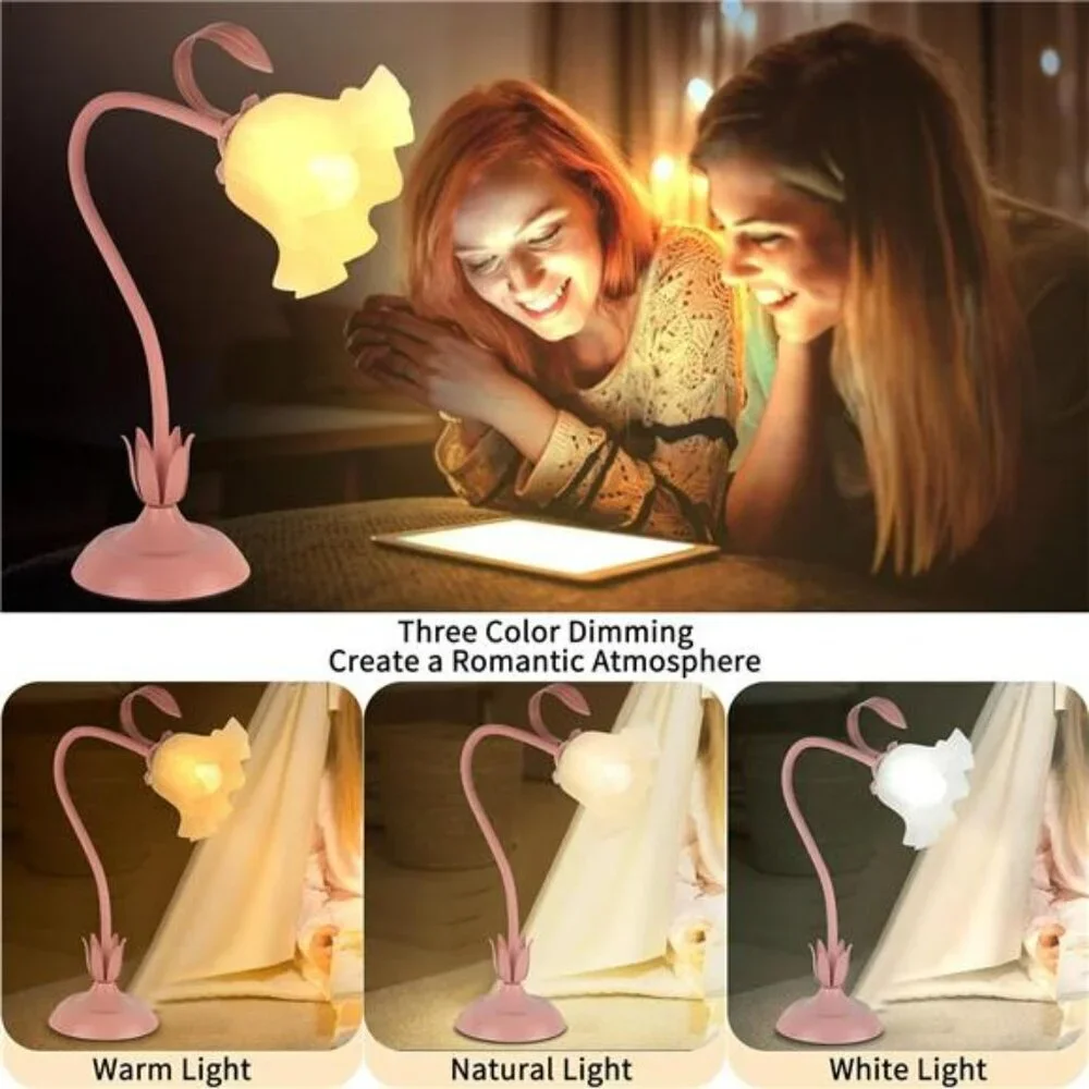 Pink Flower Desk Lamp LED Vintage Bedside Table Light for Bedroom Reading
